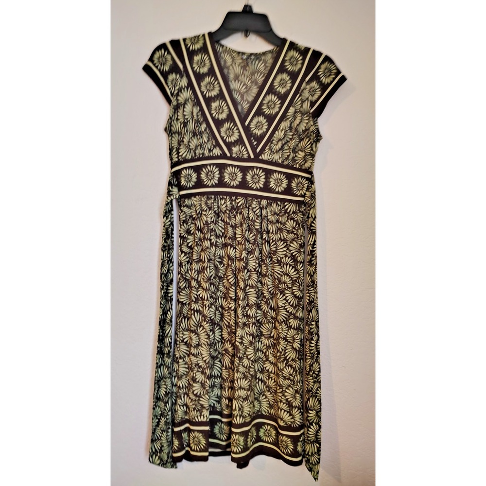 BCBG Maxazria Dark Brown & Green V-Neck Floral Dress Size S